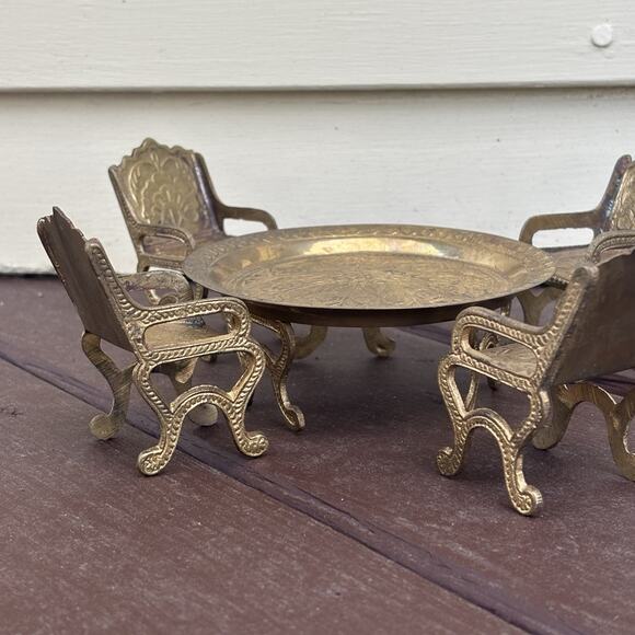 VTG Brass Dollhouse Miniature Furniture Set Ornate Floral Design 1970s India - Picture 2 of 16